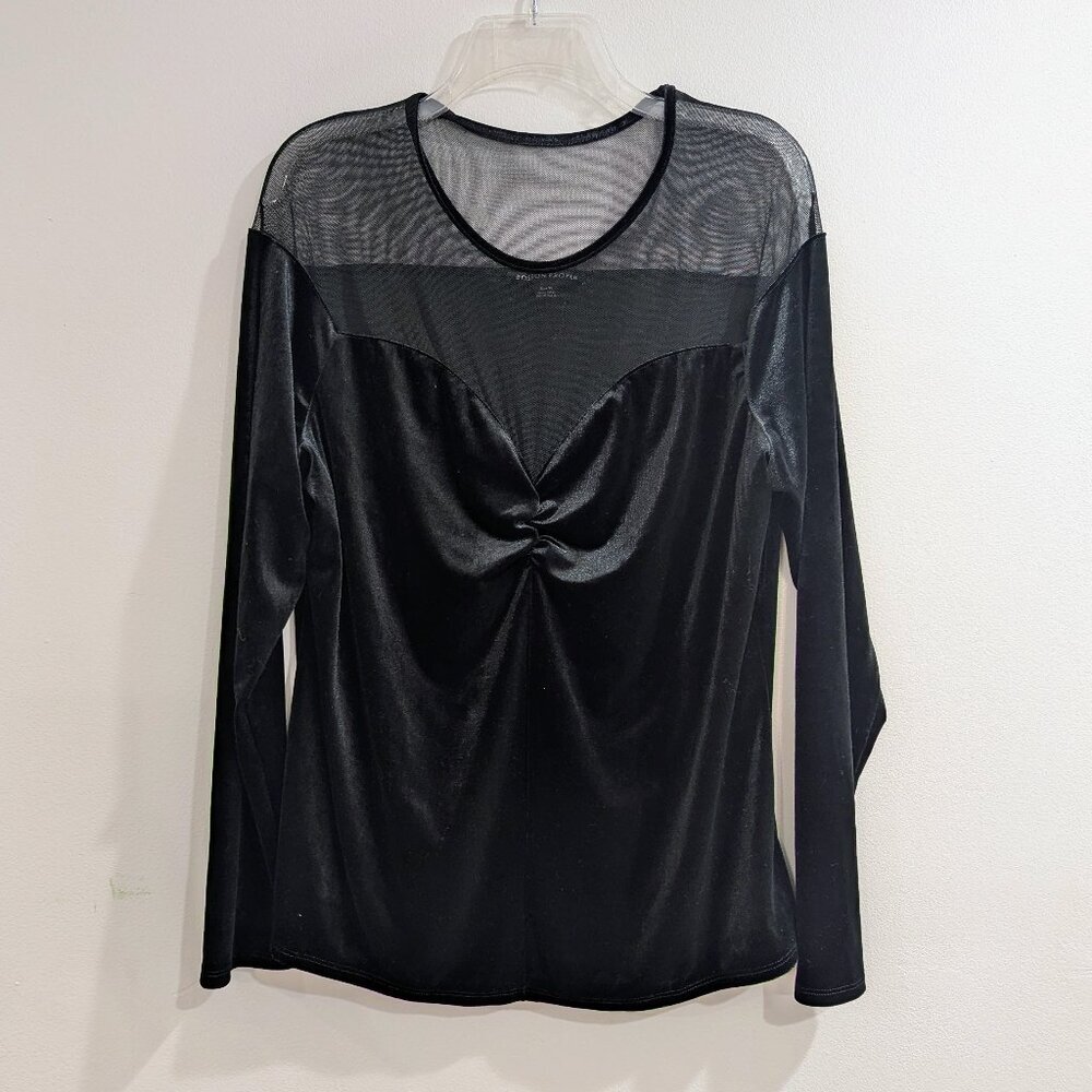 BOSTON PROPER Velvet Sweetheart Blouse XL Sheer Decolletage Long Sleeve Black
